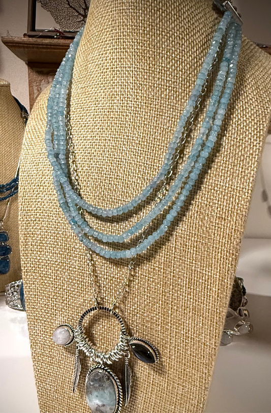 Aquamarine Beaded Triple Necklace