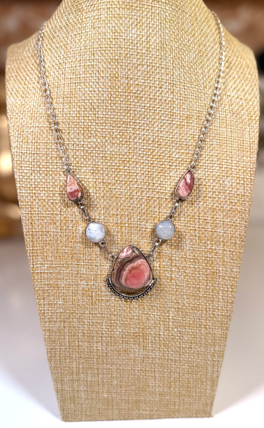 Rhodochrosite Necklace 925 silver plated