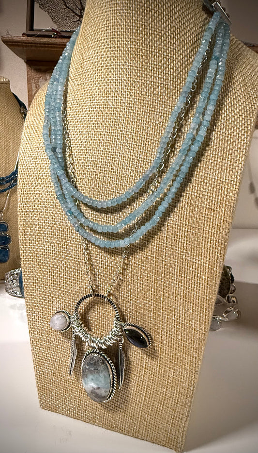Larimar Feather Multi-Gemstone Necklace