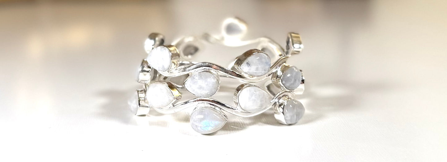 Stackable Rainbow Moonstone 925 sterling silver bracelet