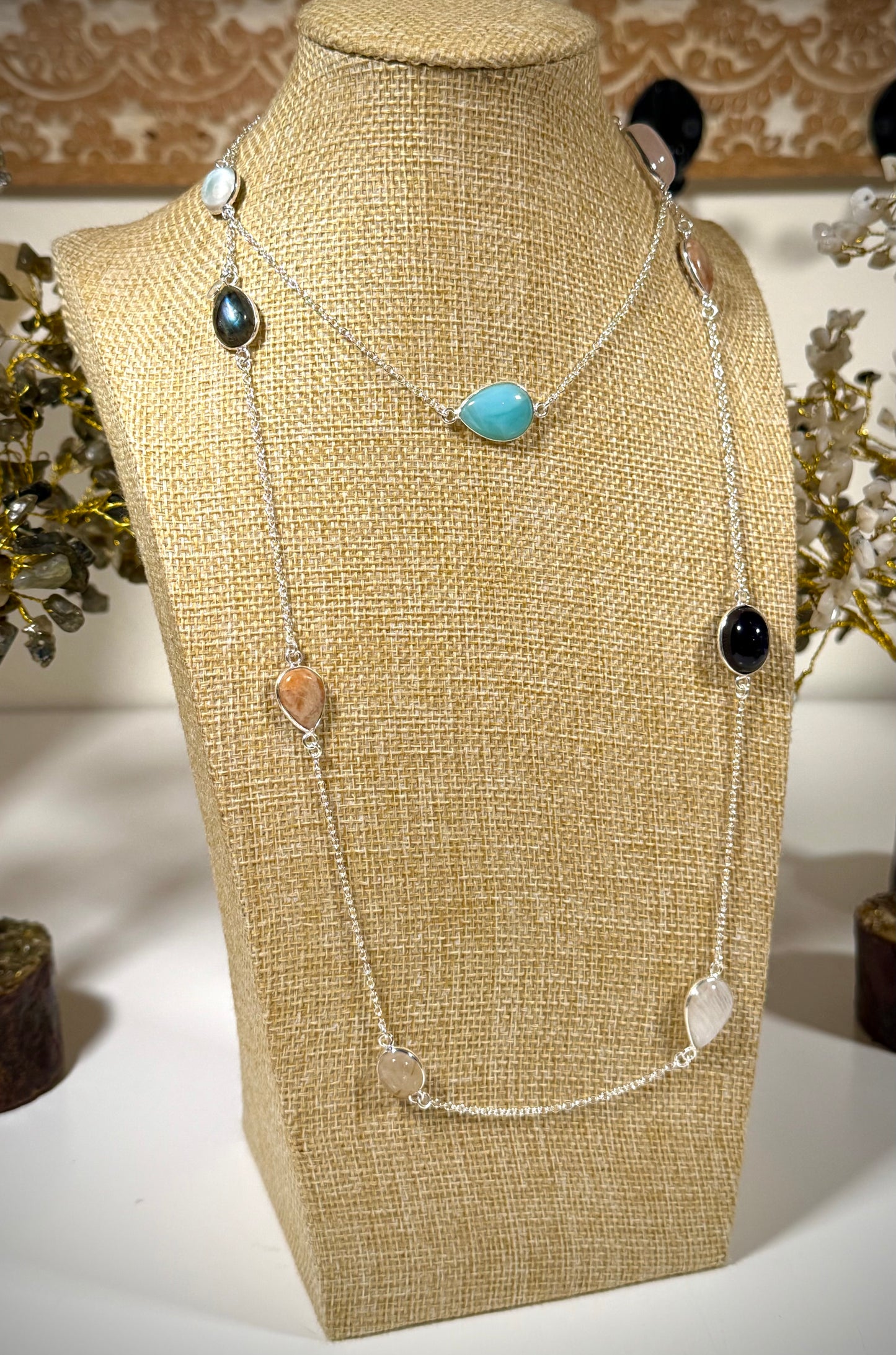 Multi-Stone 36” sterling silver necklace